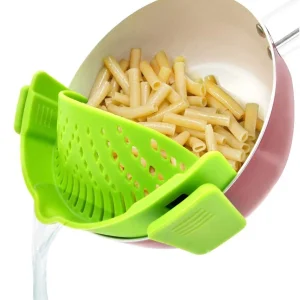 Clip-On Silicone Pot & Pan Strainer Hands-Free Pasta Kitchen Tool Green