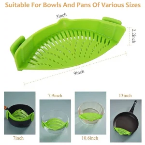 Clip-On Silicone Pot & Pan Strainer Hands-Free Pasta Kitchen Tool Green